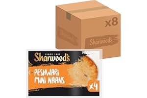 Sharwood's Peshwari Mini Naans – Sweet & Nutty Indian Flatbreads With Sultanas & Coconut, Vegetarian Friendly Flame-Baked Naan, 4 Per Pack (Pack of 8, Total 32 Naans)