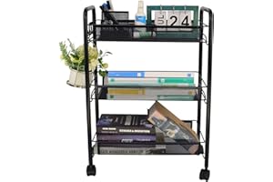 OVICAR Kitchen Trolley:Rolling Utility Cart Basket Stand for Kitchen & Bathroom, Full Metal Storage Art Trolley Carts with Wheels & 4 Side Hooks (3 Tier, Black)