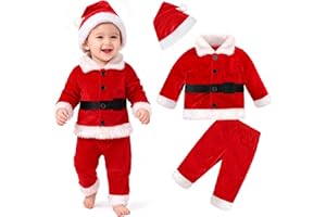 Hifot Baby Christmas Outfit My First Christmas Baby Girl Boy Santa Outfit Infant Fleece Outwear Jacket Top + Pant + Hat + Socks Kids Santa Costume