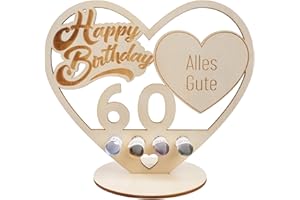 packra Geldgeschenk Geburtstag Herzform, 60 Geldgeschenke Geburtstag Holz-Schild Gästebuch, 60. Geburtstag Geschenk mit Happy Birthday Kuchen, Personalisierbares Geschenk Geburtstag Deko