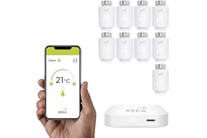 Tête Thermostatique Intelligente Connectée REKA - Contrôle Température Via Appli Tuya, Programmation, Détection Fenêtres Ouvertes - Compatible Assistants Vocaux (9, avec Passerelle)