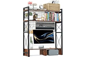 ybaymy Regał na książki na biurko, 3-poziomowy stojak na monitor, duży drewniany i metalowy organizer na biurko, regulowany, idealny organizer do biura, domu, gabinetu, mieszkania