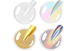 BISHENGYF Polvere Per Unghie Oro - Polvere Per Unghie Olografica Laser Scintillante POlvere UNghie Effetto Specchio Metallico Aurora, Kit Di POlveri Glitter Con Bianco Perla, Decor Poudre Nail Art