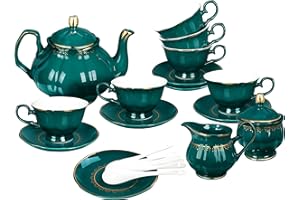 fanquare 21 Pezzi Servizio da Tè in Porcellana Vintage, Servizio da Caffè Verde Scuro per 6 Persone, con Teiera, Lattiera, Zuccheriera, Piattini e Cucchiai