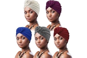 DRESHOW 5 Pack Women Turban African Pattern Knot Headwrap Beanie Pre-Tied Bonnet Chemo Cap Hair Loss Hat