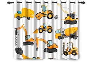 YONGFOTO 117x138cm Construction Truck Blackout Curtains Cartoon Excavator Crane Digger Yellow Heavy Machinery Car for Living Room Children's Bedroom Window Drapes, 2 Panel Home Set With Holes