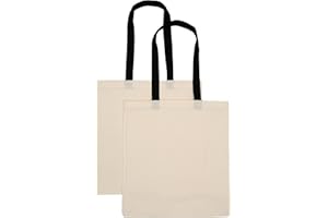 POLHIM® Bolsa Tela 100% Algodón Biodegradable,Reutilizable-Asas Negro Largas de 70cm.Para Ropa,Manualidades,Alimentos,Verduras,ir de paseo y Uso Diario 38x42cm,145/m2(Natural, Paquete de 2 unidades)