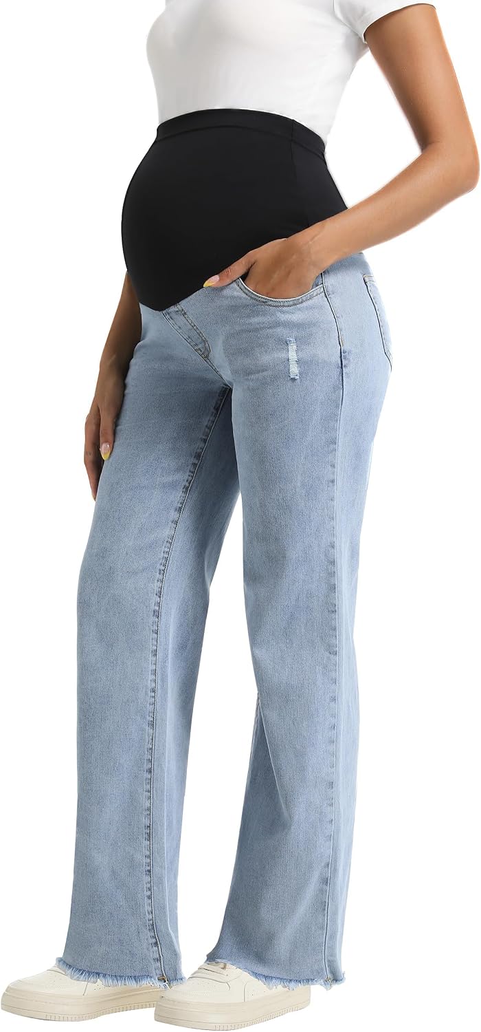 Gowjog Vaqueros de maternidad para mujer sobre el abdomen, pierna recta, dobladillo crudo, pantalones vaqueros de maternidad vaquero con bolsillos