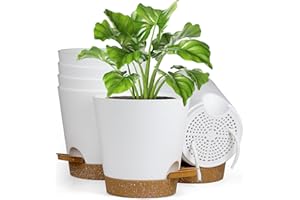 Homeuouz 6 Packs Blumentopf Selbstbewässernd, 17.8cm Pflanzentopf mit Bewässerungssystem, Übertopf mit Brown Untersetzer, Blumentöpfe Set Ideal für Innen und Balkongärten, Weiß