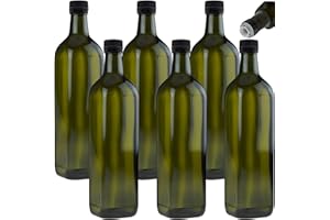 mikken Lot de 6 bouteilles d'huile de 750 ml avec bec verseur, vert/marron, bouteille en verre avec doseur et étiquettes