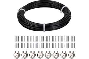 CATIME 50m Câble Métallique 3mm, Câble Acier Inoxydable 7x7 PVC Enduit avec 8 Serre Câbles Acier, 20 Boucle de Sertissage en Aluminium, Fil de Suspension pour Cadre Rideaux Jardin Extérieur (Noir-2mm)