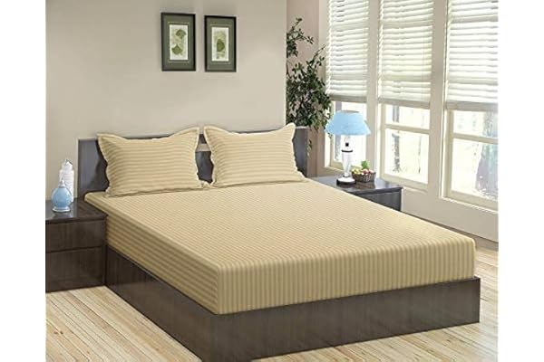 Trance Home Linen 100% Cotton 78x60 inch Queen Fitted 200TC Satin Stripe Elastic Fitted Bedsheet Daily Use Double Bed Fitted Bedspread with 2 Pillow Covers (78"x60" 6.5x5 ft, Beige)