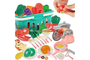 Jumkeet 91PCS Kitchen Pretend Play Food Toys for Toddler, Kid Role Play Accessories Pot & Pan Set, Cutting Fruit & Vegetables, Cooking Playset, Picnic Basket, Cutlery for Children Boy Girl Age 3+ Gift
