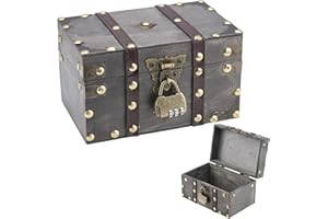 Graplan Vintage Holz Schatztruhe,Schatztruhe mit Zahlenschloss,Holz Aufbewahrung Schatzkiste,Klein Piratenschatztruhe,Schatztruhe Kinder für Aufbewahrung Dekoration Kindergeburtstag (18x11,5x10,5cm)