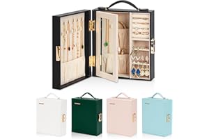 Enthralite Travel Jewellery Case, Travel Must Have, Portable Jewellery Box with Mirror, PU Leather Small Organizer for Rings, Earrings, Necklaces, Bracelets (Black)