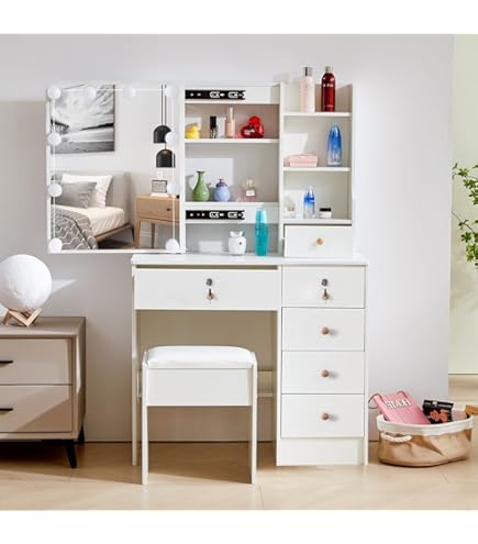 Toeletta Da Trucco Con Luci LED Dimmerabili - Piano Vetro, 2 Cassetti, Armadietto Mobile 100x40cm Bianco/Nero - Foto 8