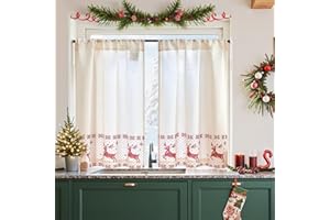 ‎VANGAO Vangao Scheibengardinen Weihnachten Deko Christmas Nase Bistrogardine 2er Set 75Hx65Bcm Leinenoptik Weihnachtsgardine mit Stangendurchzug lichtdurchlässig Modern Bedruckt Gardinen Kurz, Rot und Weiß