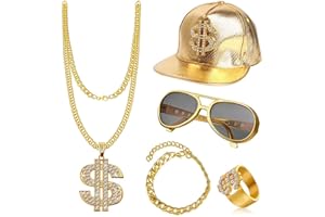 ZJRung Hip Hop Kostüm Kit 5 Stück 80/90er Rapper Zubehör Hip Hop Dollar Halskette Goldring Sonnenbrille Goldkette Baseball Cap für Fasching Karneval Party Zubehör