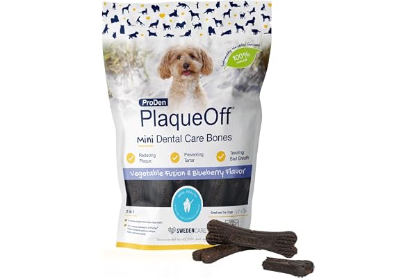 ProDen PlaqueOff - Mini-Os à Mâcher, Anti-Tartre, Réduit Plaque Dentaire et Mauvaise Haleine, à base d’Algue Naturelle, Résultats Cliniquement Prouvés, Légumes/Myrtilles, Pour Petits Chiens, 20 unités