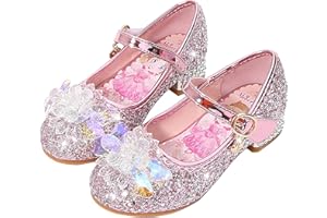 YOGLY Mädchen Hohe Absätze ELSA Prinzessin Schuhe Cosplay Eiskönigin Weihnachten Karneval Geburtstag Neujahr Kostüm Zubehör Weich Blau Rosa Silber Pailletten Kristall-Schuhe für Kinder Halloween Party