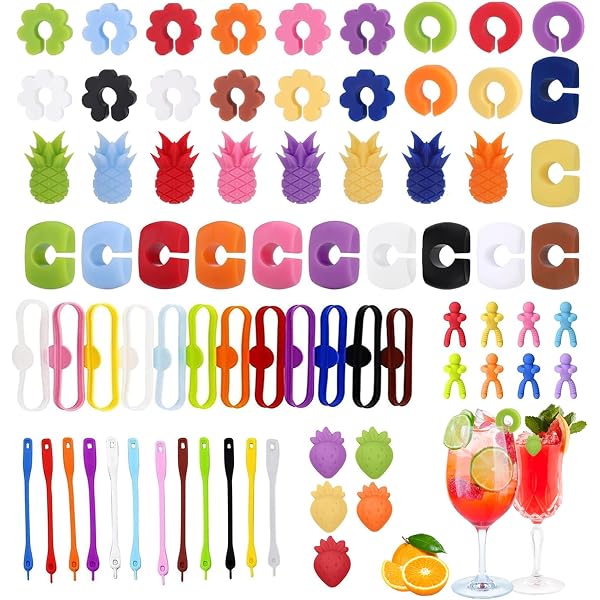 Segna Bicchieri Calici, 54 Pezzi Calici Segnabicchiere in Silicone, Bicchiere Riutilizzabili Segnabicchieri in Silicone, Colorati Segnabicchieri, Marcatori per Bicchieri Da Vino per Varie Tazze