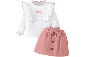 LUVCES Conjuntos de Ropa para Niñas Pequeñas, Camisa de Manga Larga con Volantes y Minifalda con Lazo 2 Piezas Otoño e Invierno Trajes