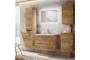 Lomadox Badmöbel Komplettset Eiche, Keramik Waschtisch mit Untererschrank, LED-Spiegel, Hochschrank mit Wäschesammler, Unterschrank, Hängeschrank