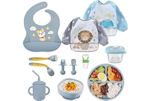 OSKUGLIN Baby Tableware Set, Learning Spoon for Baby, Silicone Baby Plate, Non-Slip Children's Placemat with Suction Cups, 10 Pieces, Non-Slip Silicone Non-Slip Baby Plate, Bowl, Bib Spoon