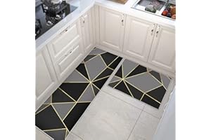 PQCXXA Black Kitchen Rugs and Mats Sets of 2 Pieces Funny Kitchen Decoration Non Slip Super Absorbent Kitchen Mat Runner Rug for Sink, Kitchen, Hallway, Laundry Room (Grey Geometry, 40x120cm+40x60cm)