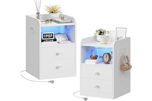 ‎IRONCK IRONCK Nachttisch 2er Set mit Steckdose und LED, Beistelltisch mit 1 USB & 1 Typ-C Anschlusse, Nachtschrank 2 Schubladen&offene Fächer, Sofatisch für Wohnzimmer, Schlafzimmer, Arbeitszimmer, Weiß