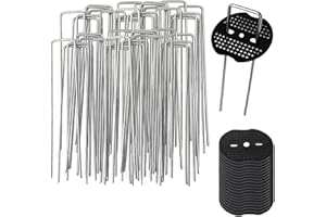 TIWIHON Weed Control Membrane Pegs - 50 Ground Pegs Tent Garden Pegs, U-Shaped Securing Stakes Metal Pins Weed Mat Pegs+50 Buffer Washer, Landscape Staples for Fabric, Matting, Netting, Hoses, Artifical Grass