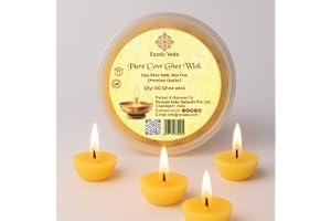 Exotic Veda Handmade Organic Cotton Cow Ghee Wicks for Pooja Eco-Friendly Non-Toxic Long Lasting Pure Ghee Batti Clean Burning for Meditation Spa Rituals Festivals Diwali No Wax Pack of 50