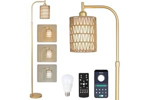 Rayofly lámpara de Pie Regulable Salón, Lámpara de Pie de Ratán Dorado con Mando a Distancia, App Control, Lámpara de Pie Boho con Pantalla de Ratán y Lino, Lámpara de Pie Moderna para Dormitorio
