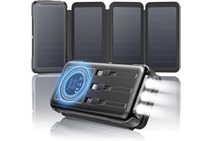 SOARAISE-Solar-Powerbank-25000mAh-Solar-Ladegerät mit 3 Kabel und 4 Solarpanel - PD QC 3.0 20W USB C Schnellladefunktion USB C Externer Akku mit 5 Ausgang und Taschenlampe für Smartphones und Camping