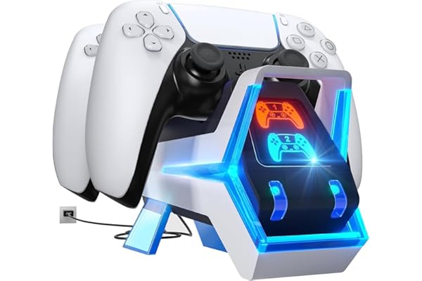 Fenolical Estación de Carga para Mando PS5, Adaptador AC de Carga rápida 5V/3A, Accesorios de estación de Carga Doble Playstation5 Estilo Perro electrónico con indicador LED, Azul/Blanco