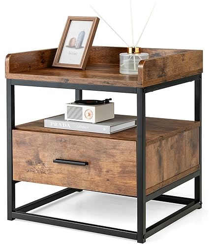 tectake® Bijzettafel met lade en planken, nachtkastje boxspringbed, industrieel design, 35 x 35 x 70,5 cm, hoge banktafel, zwart metalen frame (industrieel donkerbruin
