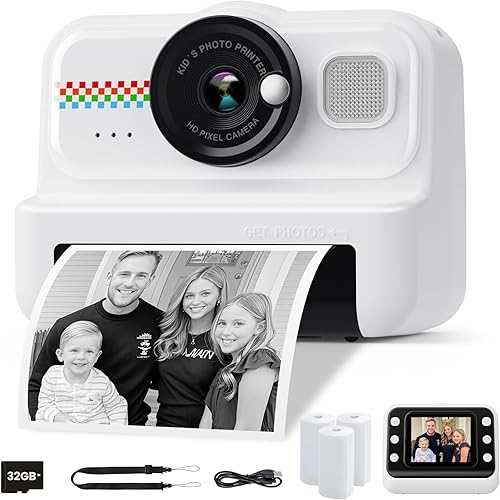 HiMont - Instant Print Camera for Kids, 1080P HD Instant Print Camera for Kids with 3 Rolls Printing Paper and 32GB Card, Digital Selfie Camera for Kids, Gift