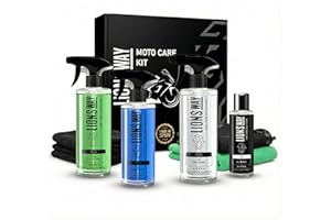 LionsWay: Kit Limpieza Moto 5 en 1 – Dry Wash con Cera Carnauba, All in One Desengrasante, Limpia Cascos, Restaurador Plásticos, Bayeta Microfibra – Cuidado Completo Moto