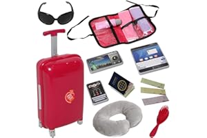 The New York Doll Collection poupée Valise Voyage avec Bagages à Main Ouverts et fermés, Billet, Passeport et 12 Accessoires - Ensemble Voyage pour poupées 18 pouces/46 cm - Accessoire Poupee Voyage