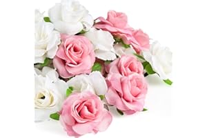 Kesote 50 Pcs Artificial Flower Rose Head, Pink and White Real Touch Artificial Roses for Wedding Party Album Decoration Home Decoration - 1.57‘’