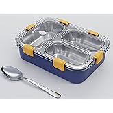 Darkpyro Premium Stainless Steel Lunch Box with 3 Compartment | BPA-Free Plastic Outer Body with Secure Locking Clips & Trans