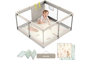 GERCHAM Parque Infantil Bebe con Alfombra, 120x120cm Corralito Bebe con Malla Transpirable Puerta Lateral, Parque de Juegos Bebé con 2 Agarraderas