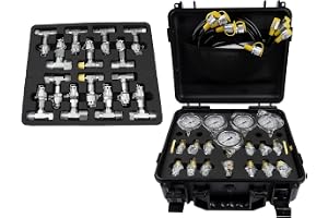 Hydrauliktryckstestset, 5 mätare (10/100/250/400/600 bar), 13 kopplingar, 14 T-kopplingar, 5 testslangar med transportväska f