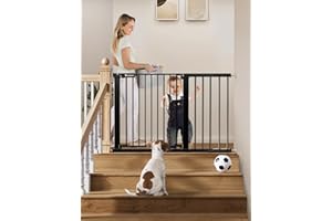 COMOMY 75-117cm Barrera Seguridad Niños Escaleras, Puerta para Perros Bebes de Cierre Automático con Señal Roja/Verde, Extra Ancho Valla Seguridad Infantil sin Agujeros (76cm H, Negro)
