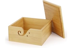 Coopay Cuenco cuadrado de madera para lana, 18 x 18 x 9 cm, cuenco grande de lana con tapa para tejer y ganchillo, cuenco de lana hecho a mano con agujeros para proyectos de punto y ganchillo