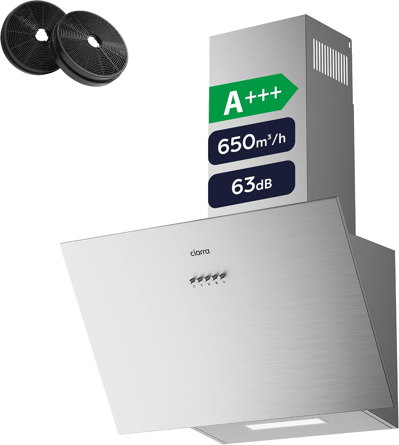 CIARRA CBCS6762A Angled Cooker Hood 60cm with CBCF003 Carbon Filters 650m³/h Head-Free Chimney Vent Hood with LED Lights Ducting&Recirculating Kitchen Extractor Fan