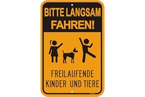 Goodvia Achtung Kinder Und Tiere Schild (45 * 30 cm Aluminium) - Warnschild Spielende Kinder - Bitte Langsam Fahren - Wetterbeständig, Wasserdicht, Haltbare Tinte, Einfach zu Montieren
