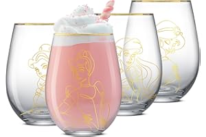 JoyJolt Disney Princess Sketch Stemless Drinking Glasses, 19oz Glass Cups ft Princess Jasmine Ariel Belle Cinderella, Disney Princess Kitchen Glassware Set of 4, Disney Gifts for Adults