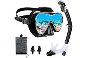 AQUOTA Set da snorkeling per adulti con tubo e occhiali da snorkeling, maschera panoramica a 180°, impermeabile, anti-appannamento, anti-perdite, in vetro temperato, con tubo a 3 canali Premium Dry