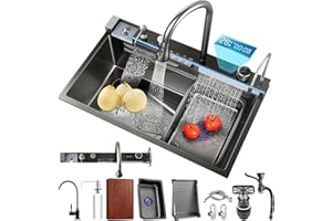 MIMRTIMI Évier de Cuisine avec Robinet Intégré Evier Cuisine 1 Bac Noir Cascade Raindance Évier Cuisine en Acier Inoxydable 304 avec Divers Accessoires (BLACK, 68 * 46CM)